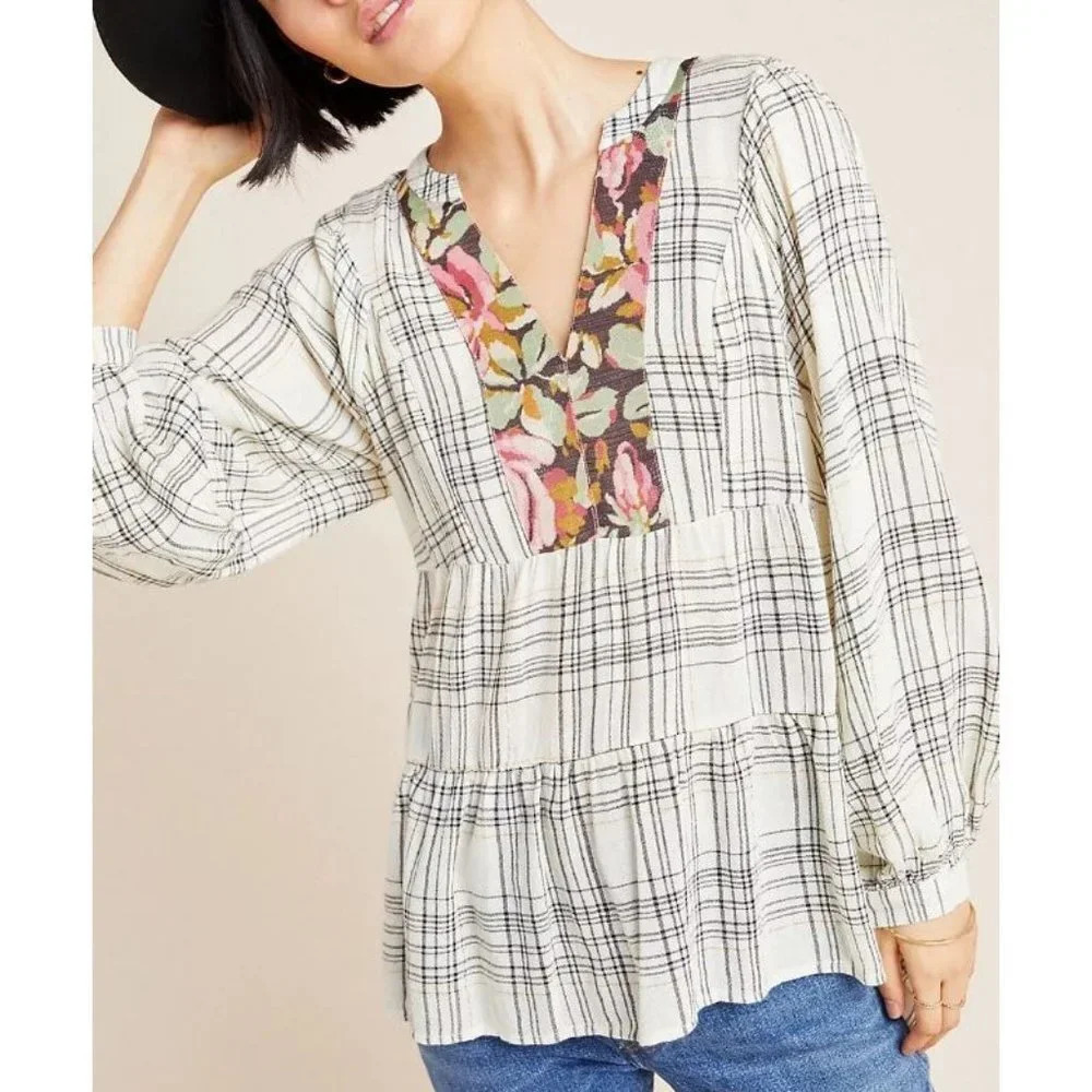 Anthropologie Darlene Plaid Peasant Blouse